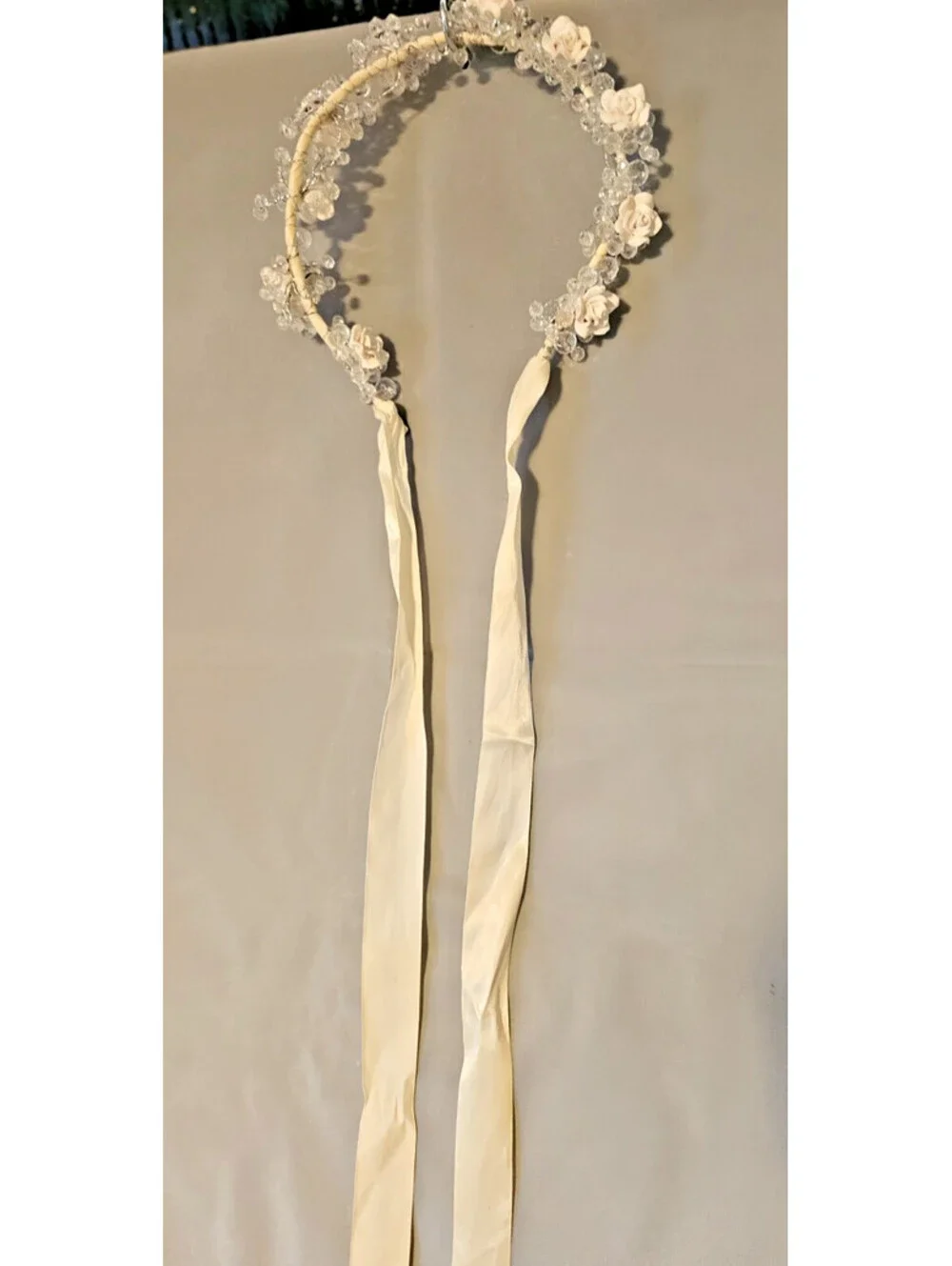 Ivory Floral Bridal Halo Headpiece Roses Crystal Beads Ribbon Tie Crown